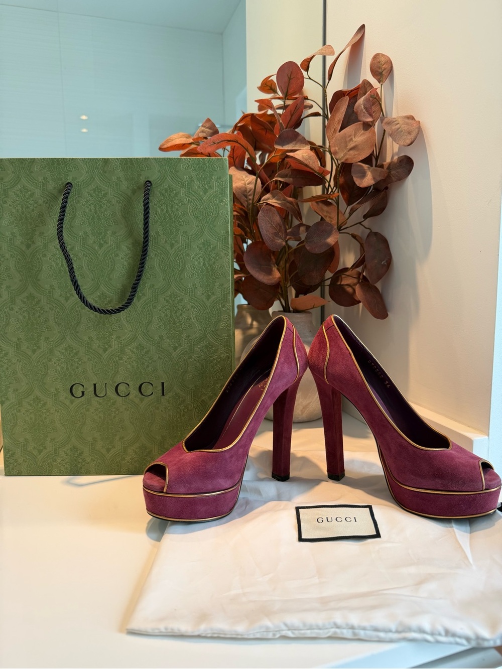 Gucci Purple Suede Peep-Toe Platform Pumps with Gold Piping - Picture 1 of 12